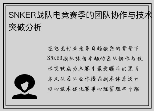 SNKER战队电竞赛季的团队协作与技术突破分析